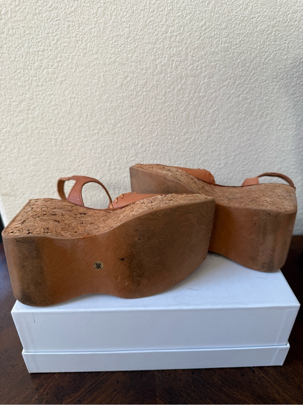 VTG 90s Sonax Spain Cork Platform Wedge Sandals EU 36 US 5.5-6 Cognac Leather - Picture 14 of 14